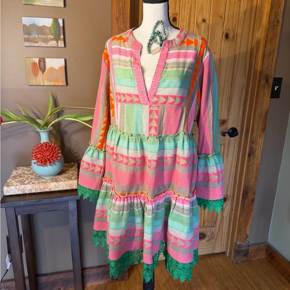 En Creme Dresses & Skirts - Neon Aztec Jacquard Mini-Dress with embellished lace trim includes two bracelets